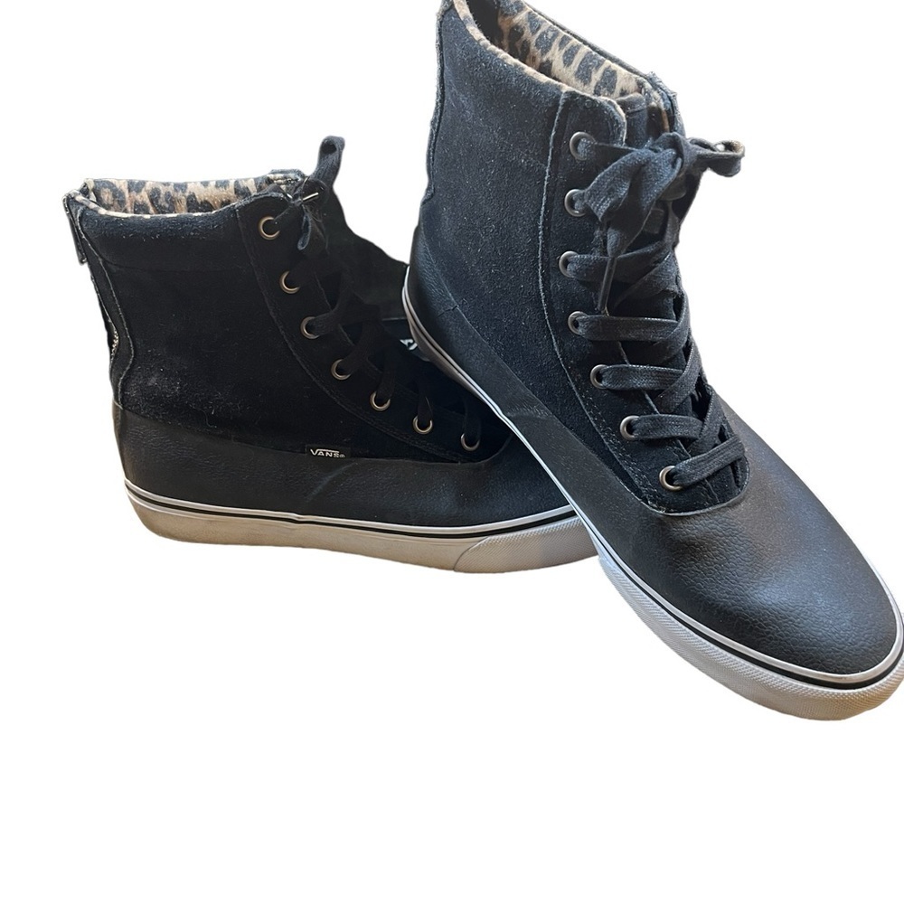 Vans Sk8-hi Slim Zip Black Leather Sneaker Leopard Print Women's Size 11​​​​